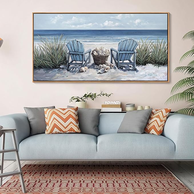 HGUAOA Coastal Wall Art - Large Landscape Wall Pictures for Living Room, Bedroom Pictures, Ocean Beach Artwork, Blue Above Bed Wall Decor Coastal Landscape Wall Art,Framed Beach Pinting