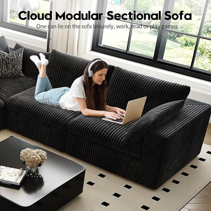 LoveSeat Cloud Couch Modular Sectional Sofa for Living Room,Modern Sofa with Deep Seat，2 Seater Boneless Couch with Ottoman,Comfy Upholstered Couches for Apartment, Studio, Office,Bedroom，Black