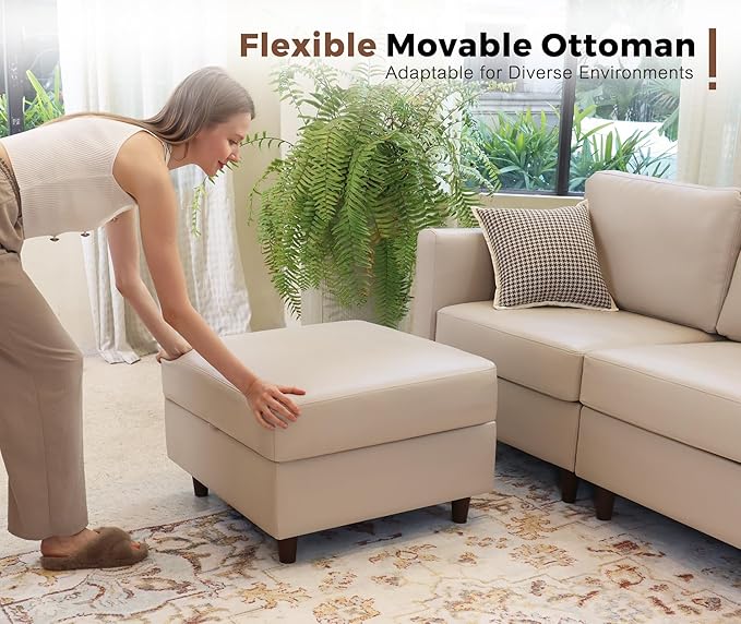 91.5" Faux Leather Modular Sectional Sofa, L Shaped Couch Set for Living Room, 3-Seater Comfy Cloud Couches with Movable Storage Ottoman,DIY Combination - Whitesand
