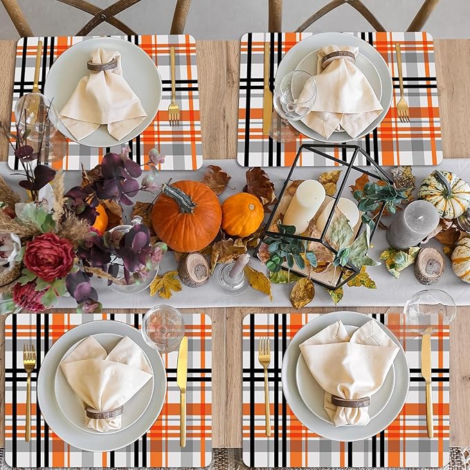 Fall Placemats Set of 6 Fall Orange Black Buffalo Plaid Plastic Table Mats Autumn Thanksgiving Place Mats Halloween Seasonal Table Decoration for Indoor Outdoor Party Kitchen Dining