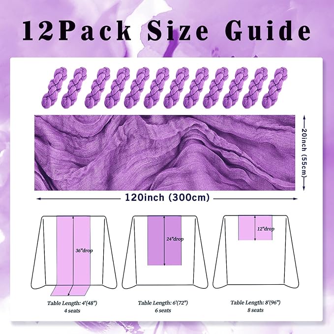 12 Pack Purple Cheesecloth Table Runner 10FT Boho Fabric Rustic Cheese Cloth Table Runner for Wedding Bridal Shower Baby Shower Gauze Sheer Birthday Party Table Decorations 20 x 120 Inch Long