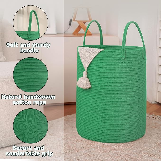 Large Woven Laundry Basket Hamper,80L Cotton Rope Storage Bin for Blankets,Toys and Clothes,Decorative Tall Nursery Hamper for Living Room,Baby Nursery,Bathroom and Bedroom,Dark Green