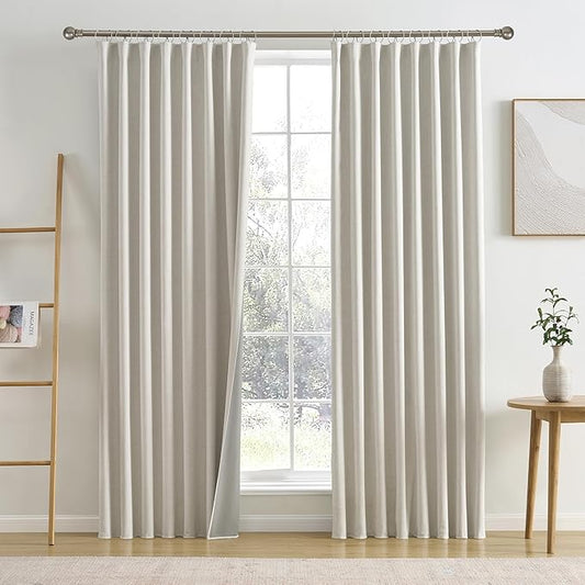 RAIN CITY 92 Inch Long Black Out Curtains 2 Panels Custom Drapery Neutral Blackout Pleated Ceiling Track Curtain for Dining Room Linen Textured Back Tab with Hooks 50"x92"