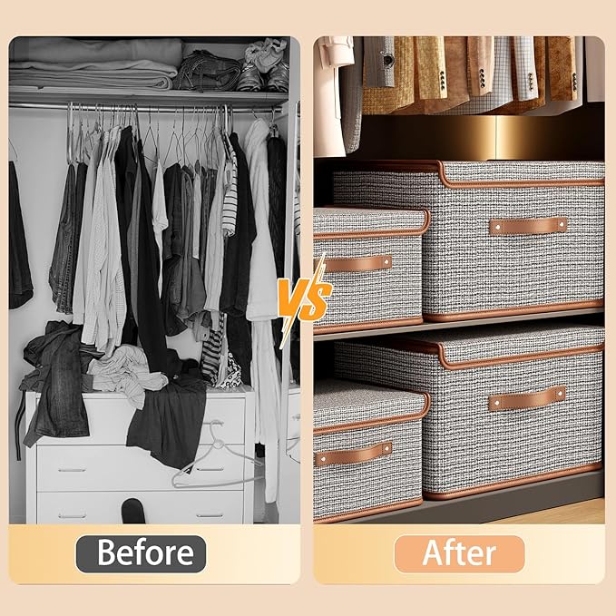 Tuza 2 Pack Storage Bins with Lids, Collapsible Closet Organizer Container, Fabric Organizer Box with Handles, Decorative Storage Boxes with Lids for Organizing Clothes, Books, Light Grey, Large