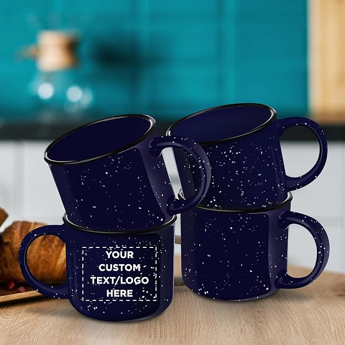 DISCOUNT PROMOS Custom Ceramic Campfire Coffee Mugs 13 oz. Set of 1, Personalized Bulk Pack - Perfect for Tea, Espresso, Cappuccino, Hot Cocoa - Blue