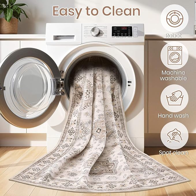 Washable Area Rugs for Living Room - 7x9 Neutral Vintage Distressed Floral Farmhouse Boho Large Soft Floor Rug Indoor Non Slip Carpet for Living Room Bedroom Dining Room Office - Beige Brown