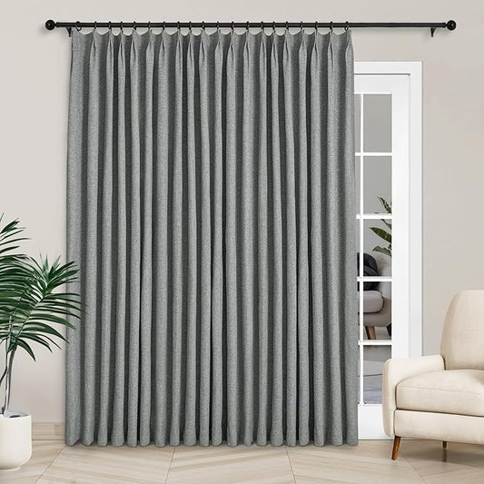 Macochico Extra Wide 100% Blackout Linen Curtains for Sliding Door Pleated Curtains with Hooks Insulated Soft Linen Drapes for Bedroom Living Room with Tieback Mid Grey 100”Wx84”L 1 Panel