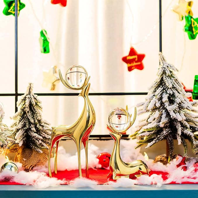 Sziqiqi Brass Reindeer Christmas Statue - Deer Sculpture for Living Room Decor - Gold Metal Reindeer Antler Animal for Tabletop