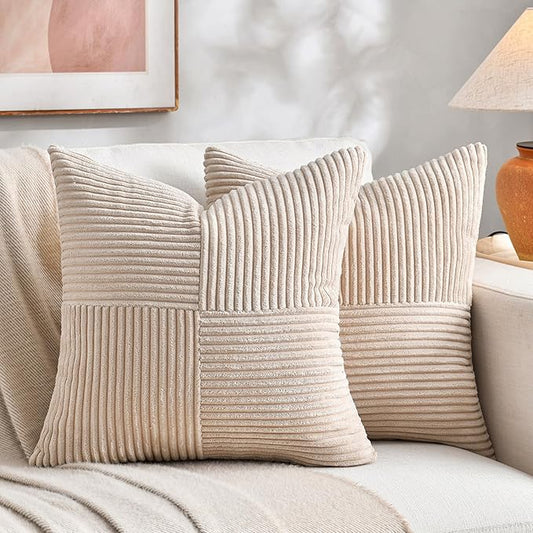 Fancy Homi 2 Packs Tan Euro Decorative Throw Pillow Covers 28x28 Inch for Living Room Couch Bed, Farmhouse Boho Home Decor, Soft Corss Corduroy Patchwork Textured Square Beige Cushion Case 71x71 cm