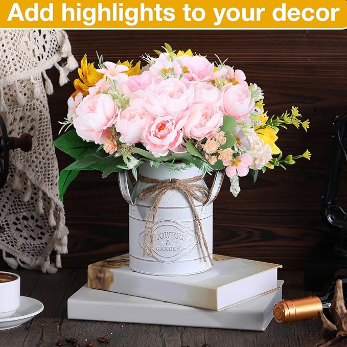 6 Inch Farmhouse Vase Decor Milk Can Vintage Flower Jug Galvanized Metal Vase with Handle Rustic Flower Buckets for Thanksgiving Christmas Table Centerpiece Weddings Gifts(Retro White,16 Pcs)