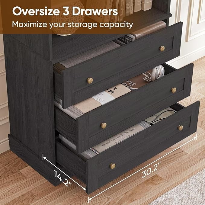 Vyre 71" Tall Farmhouse Bookshelves with Glass Doors and Drawers, Set of 4 – Large Modular Bookcase with Adjustable Shelves, Storage Cabinet for Living Room, Kitchen, Black