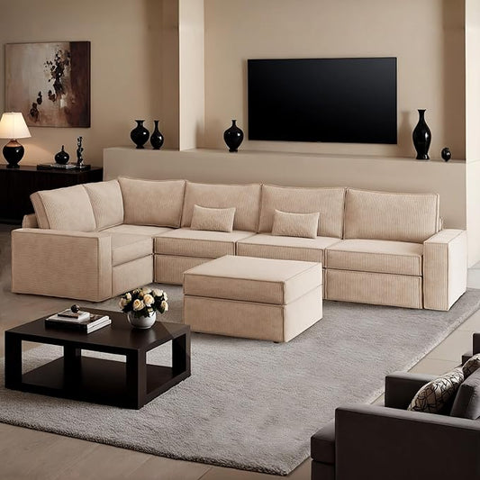 HOOOWOOO Modular Sectional Couch Sofa,125X69 U L Shaped Oversized Couch Sets Free Combination,6 Pieces Extra Deep Sofa with Ottoman for Living Room(Camel Corduroy)