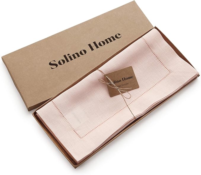 Solino Home Linen Pink Table Runner 36 Inches - Classic Hemstitch, 100% Pure Linen Coffee Table Runner 14 x 36 Inch Ideal for Dresser Tables - Halloween