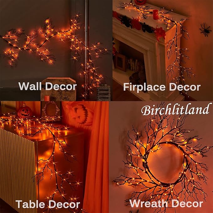 Birchlitland Halloween Lighted Garland 6FT 120L Orange and Purple Bi-Color LED Lights 8 Functions, Black Glittered Garland Lights Battery Operated for Indoor and Outdoor Halloween Party Decoration