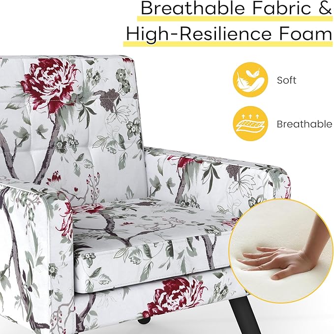 Kromax Mid-Century Modern Accent Chair for Living Room, 496 Lb. Weight Capacity, Dual Armrests, Comfy Extra Large Seat, Timeless Style Perfect for Reading & Relaxing, Red Floral