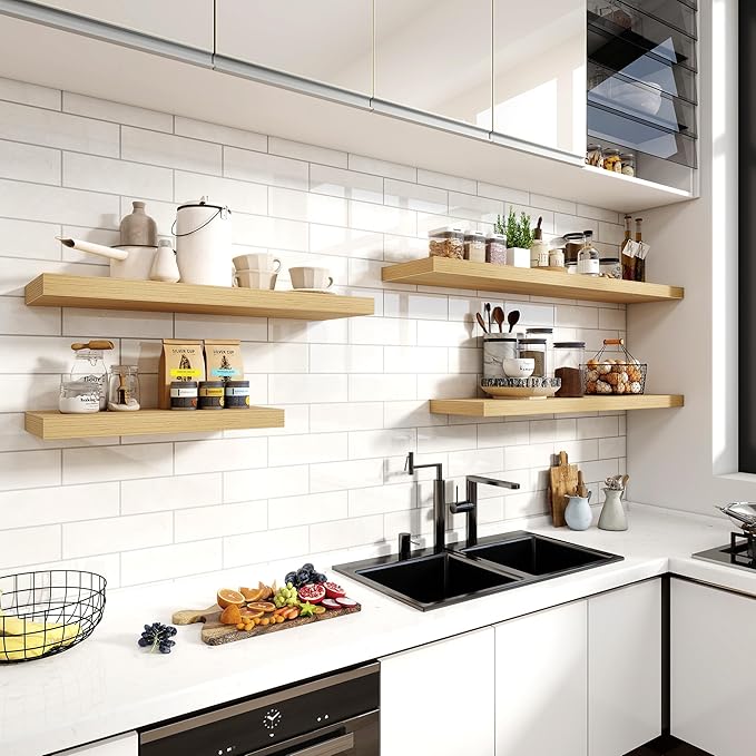 48 Inch Floating Shelves, 12 Inch Deep Floating Shelves for Wall, Large Floating Shelf with Invisible Brackets, Deep Shelves for Bathroom, Bedroom, Living Room, 1 Pack, Natural