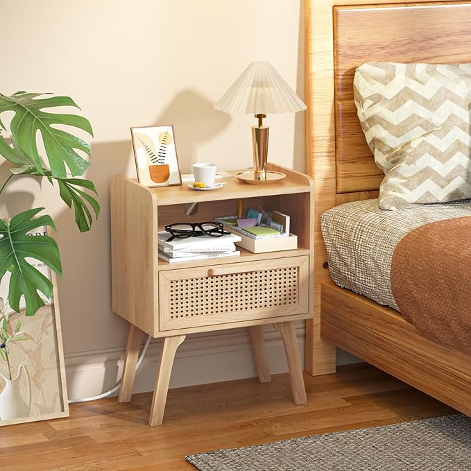 Lerliuo Rattan Nightstands Set of 2 with Charging Station, Boho Night Stand with Handmade Natural Rattan Drawer and Open Shelf, Side End Tables with Solid Wood Legs for Bedroom, Dorm, Small Spaces
