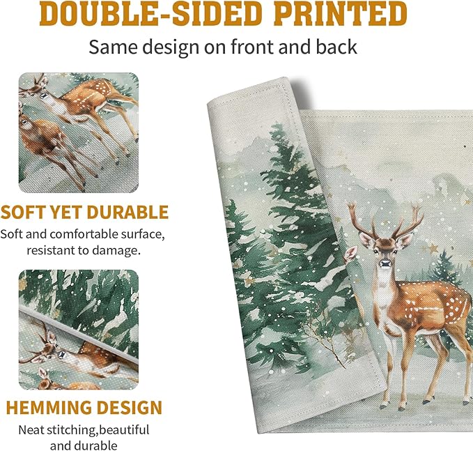Christmas Watercolor Deer Trees Snowflakes Placemats Set of 4 Winter Rustic Nature Forest Linen Table Mat 12x18 Inch Seasonal Farmhouse Washable Place Mats for Dining Table Kitchen Xmas Decor