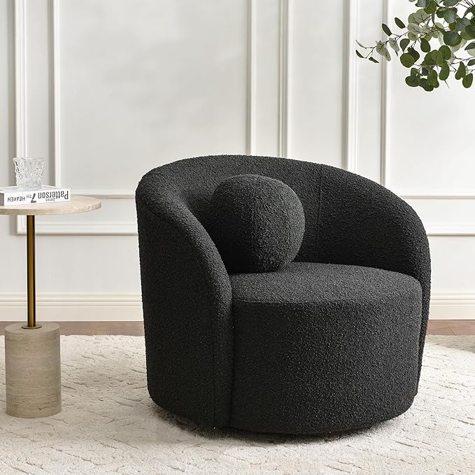 KINWELL Sherpa Swivel Barrel Chair & Round Ball Pillow Set - 34" Wide Modern Boucle Accent Chair with 9” Matching Nordic Decorative Throw Pillow for Living Room and Bedroom(Black)