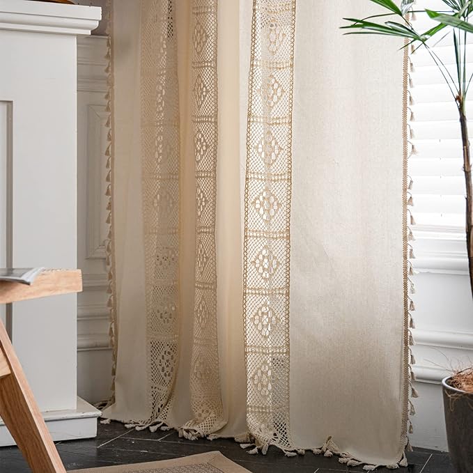 Sutuo Home Boho Curtains Crochet Lace Patchwork Semi-Blackout Bohemian Handmade Tassels, Rod Pocket Window Treatment Vintage Rustic Farmhouse Drapes for Living Bedroom, 1 Panel 59" W x 84" L, Beige