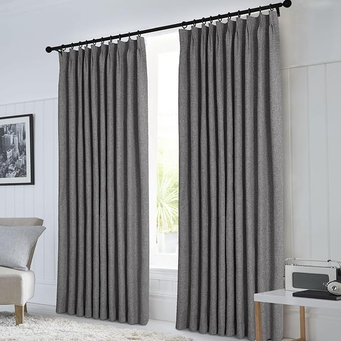 Macochico 52”Wx96”L 100% Blackout Curtains for Bedroom Living Room Nursery Natural Grey Pinch Pleated Linen Curtains Farmhouse Burlap Drapes Thermal Window Panels with Hooks and Tieback 1 Panel