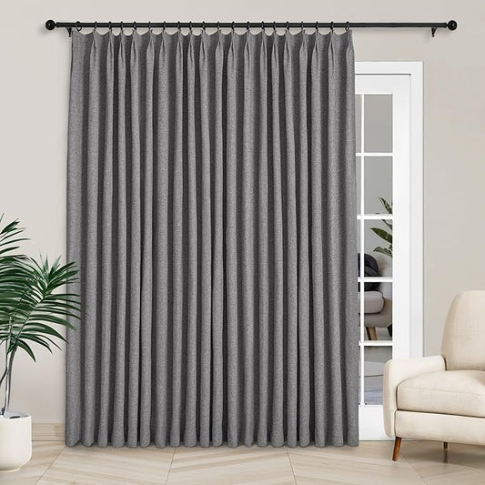 Macochico 100”Wx102”L 100% Blackout Pinch Pleated Linen Curtains for Sliding Door Bedroom Living Room Farmhouse Thermal Insulated Gray Burlap Drapes with Tieback 1 Panel Shabby Chic Style
