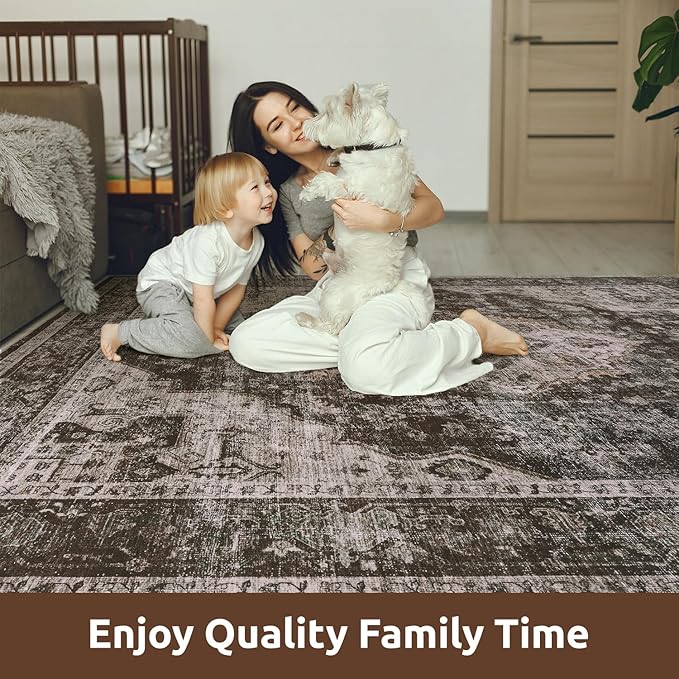 AMOAMI-Area Rug 8X10 Rugs for Living Room-Vintage Soft Brick/Brown Rugs for Bedroom-Non Slip Carpet-Washable Rug for Dining Room Living Room Bedroom Office Under Table