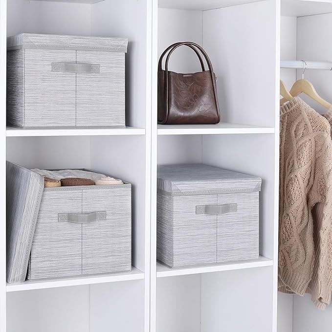 WUIKE 3 Pack Extra Large Closet Storage Bins with Lids, Gray Storage Boxes with Handles, Fabric Storage Baskets with Cover for Bedroom