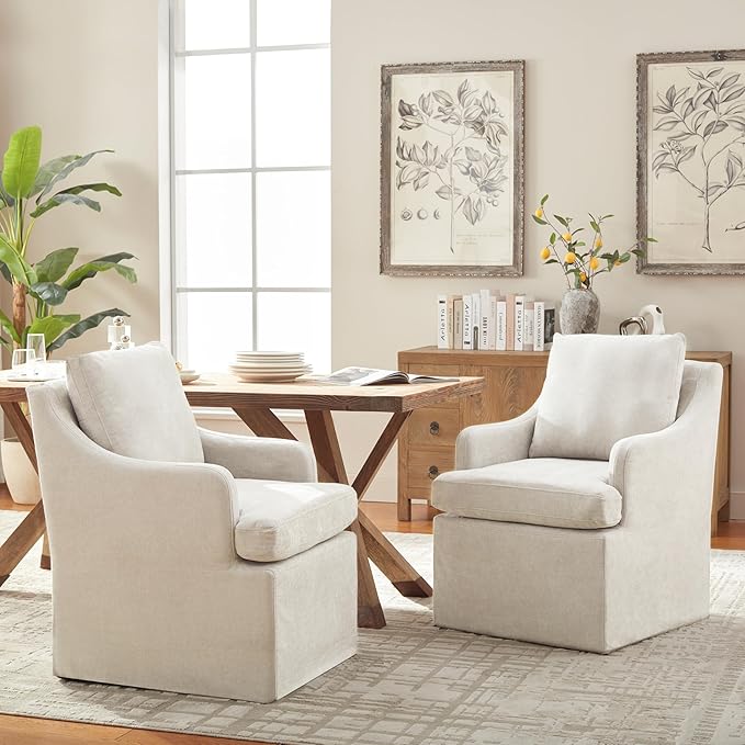 VKNOW Upholstered Dining Chairs, Modern Kitchen Chairs Dinner Chairs with 4 Casters, Linen Armchair for Bedroom Reading Room Living Room, Beige