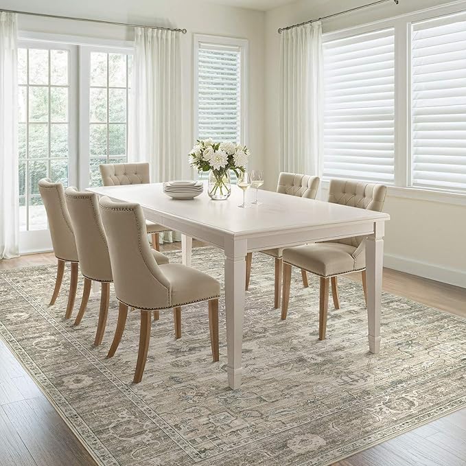 Washable Area Rugs for Living Room - 5x7 Neutral Vintage Distressed Floral Farmhouse Boho Large Soft Floor Rug Indoor Non Slip Carpet for Living Room Bedroom Dining Room Office - Brown/Tan