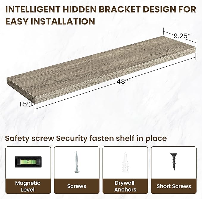 48 Inch Floating Shelves, 12 Inch Deep Floating Shelves for Wall, Floating Shelf with Invisible Brackets, 12 inch Deep Wall Shelves for Bathroom, Bedroom, Living Room, Vintage Gray Oak