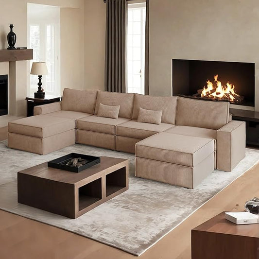 HOOOWOOO Modular Sectional Couch Sofa,128X61 U L Shaped Oversized Couch Sets Free Combination,6 Pieces Extra Deep Sofa with Ottomans for Living Room(Camel Corduroy)