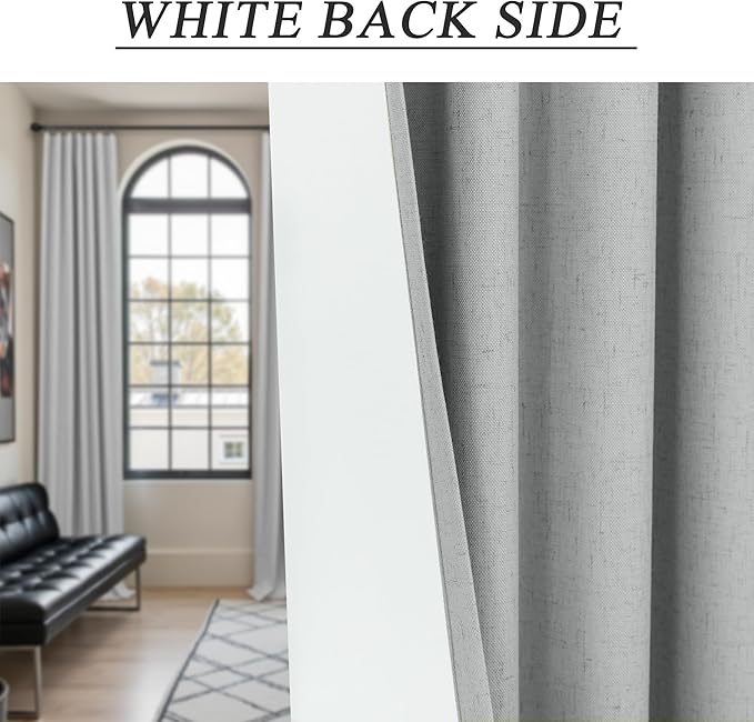 100 Percent Blackout Sliding Glass Door Curtains 120 Inches Long 2 Panels 10 FT Theater Floor to Ceiling Drape Linen Cotton Textured Luxury Curtains Farmhouse Black Out Light Grey Gray White Back Tab