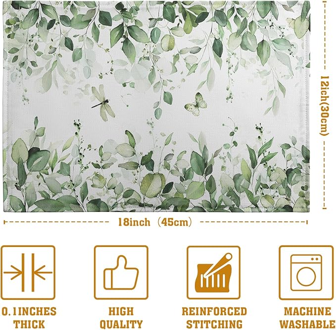 Sage Green Leaf Placemats Set of 4 Eucalyptus Leaves Place Mats 12×18 Inch Spring Summer Rustic Vintage Farmhouse Washable Linen Fabric Table Mats for Party Kitchen Dining Outdoor Indoor Decor