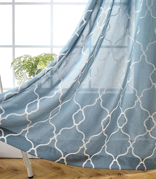 MIUCO Moroccan Embroidery Semi Sheer Curtains Faux Linen Grommet Curtains for Bedroom 52 x 63 Inch 2 Panels, Dusty Blue