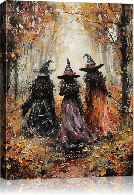 Halloween Canvas Wall Art, Vintage Three Witches Poster, Gothic Dark Academia Wall Decor, Spooky Halloween Decor for Living Room, Bedroom & Bathroom, Framed Fall Decorations Indoor