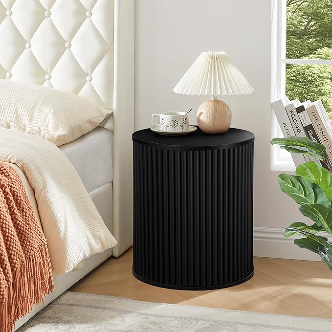 AVZEAR Small Round Side Table Fluted Night Stand Set of 2, Mid Century Modern End Table with Storage, Circle Bedside Tables Wood Nightstands for Small Spaces, Living Room, Bedroom (Black)