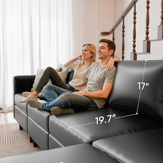 91.5" Faux Leather U Shaped Modular Sectional Sofa, 5 Seater Couch with Movable Ottoman Deep Seat and Storage Seat with Removable Cover for Living Room, Apartment - Black