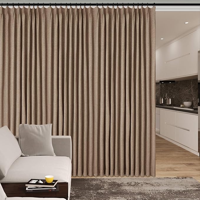 100% Blackout Linen Textured Drapes for Bedroom Pinch Pleated Curtains for Track System Portable Drapery for Sliding Glass Door/Storage/Space Room Divider, 70" Wx102 L, 1 PC, Taupe