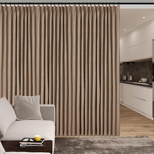 100" W x 96" L Faux Linen Room Divider Curtains, Full Blackout Pinch Pleated Drapes for Traverse Rod, Bedroom Divider Privacy Drapery with Hooks for Ceiling Track, 1 Panel, Taupe