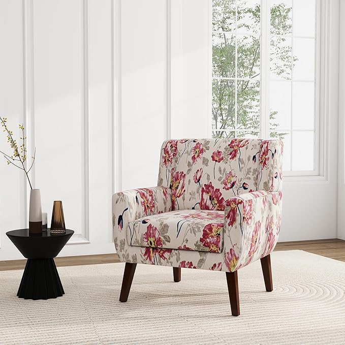 UIXE Floral Accent Chair, Modern Upholstered Armchair in Fabric for Living Room, Comfy Club Arm Chairs Single Sofa Button Tufted Bedroom Reading Seat - Pattern White, Set of 4