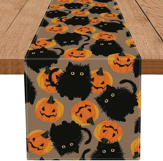 Halloween Table Runner Black Cat Pumpkins Seasonal Kitchen Dining Table Home Outdoor Party Decorations 13x90 Inch