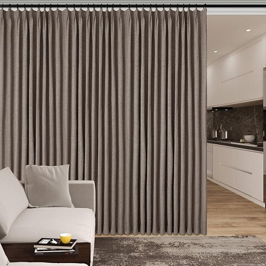 100" W x 84" L Faux Linen Room Divider Curtains, Full Blackout Pinch Pleated Drapes for Traverse Rod, Bedroom Divider Privacy Drapery with Hooks for Ceiling Track, 1 Panel, Light Coffee