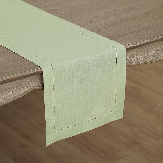 Solino Home Linen Sage Green Table Runner 120 Inches Long - 100% Pure Linen Hemstitch 14 x 120 Inch Table Runner for Dining, Fall, Autumn, Thanksgiving - Classic Hemstitch