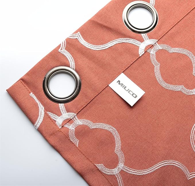 MIUCO Moroccan Embroidered Semi Sheer Curtains Faux Linen Extra Wide Grommet Window Panel Pair for Bedroom 52 x 95 Inch, Rust