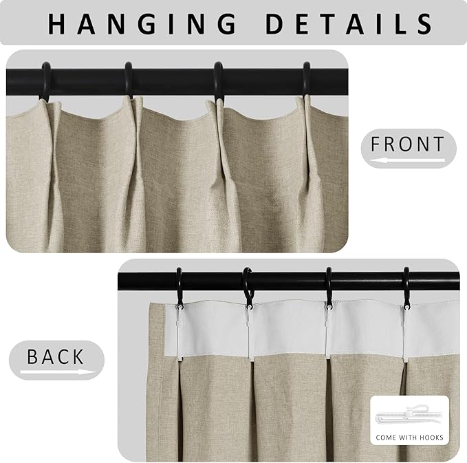 Macochico 100% Blackout Beige Linen Curtains 84 Inches Long Pinch Pleated Burlap Curtains for Bedroom Living Room Farmhouse Nursery Thermal Window Panels with Tieback 72”Wx84”L 1 Panel