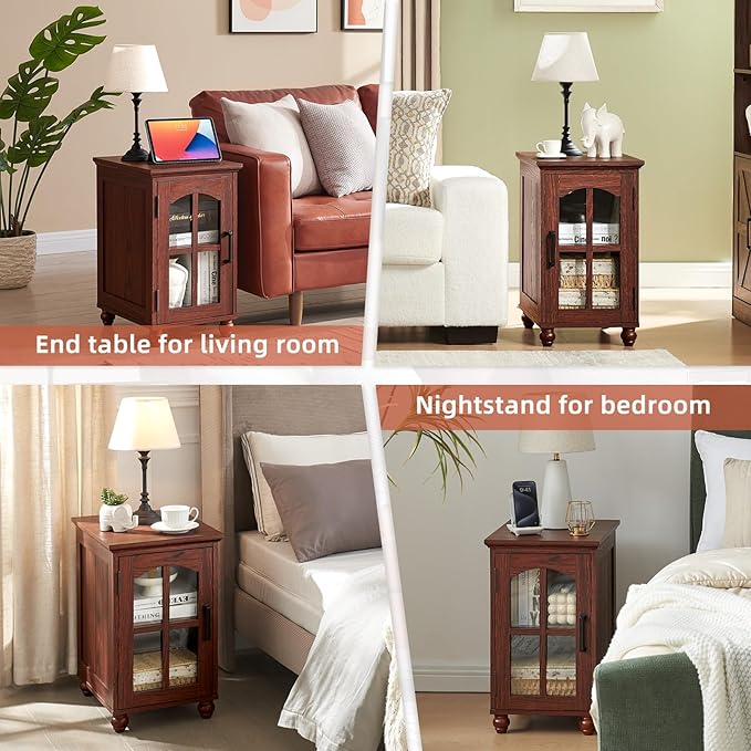Narrow Side Table Set of 2,Farmhouse Nightstand with Charging Station,End Table with Glass Barn Door Storage, Cabinet Organizer with Adjustable Shelf, Night Stand for Small Spaces Living Room Bedroom