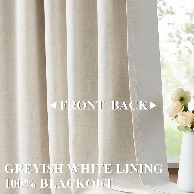 Vision Home Natural Pinch Pleated Full Blackout Curtains Linen Blended Room Darkening Window Curtains 102 inch for Living Room Bedroom Thermal Insulated Pinch Pleat Drapes with Hooks 60" Wx102 Lx1