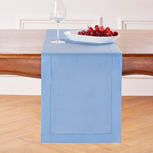 Solino Home Linen Cornflower Blue Hemstitch Table Runner 48 Inches - 100% Pure Linen Small Table Runner 14 x 48 Inch Ideal for Dresser and Coffee Tables - Classic Hemstitch