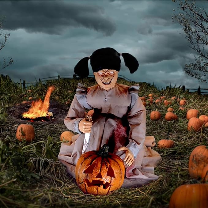 Haunted Hill Farm Lunging Pumpkin Carver Zombie Girl by Tekky, Motion-Activated Talking Halloween Animatronic for Indoor or Covered Outdoor Creepy Halloween Decorations, Plug-in or Battery Operated